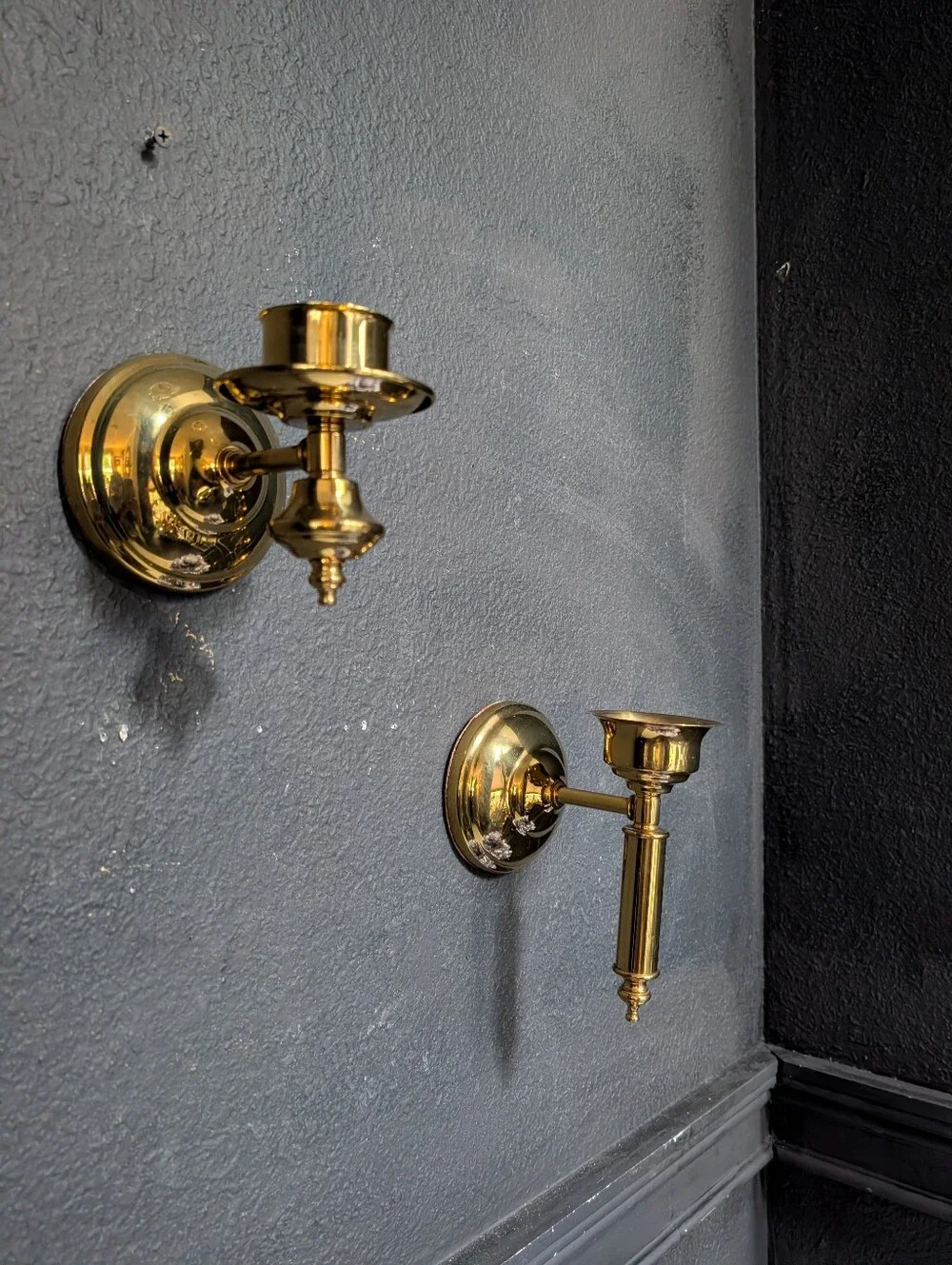 Vintage, set of 2,  MCM Polished Gold Metal Wall sconce candle holders, 4-6 inch